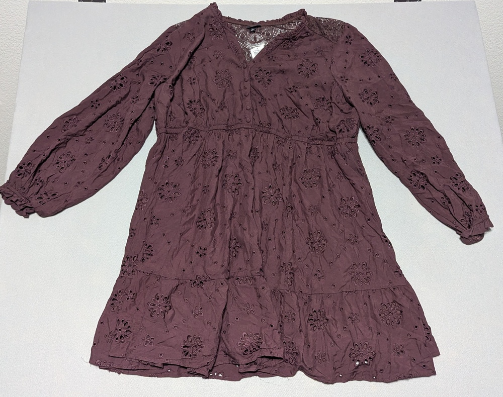 Torrid Mini Challis Shirt Dress Womens 3X Purple  Eyelet V Neck Sassafras Ruffle
